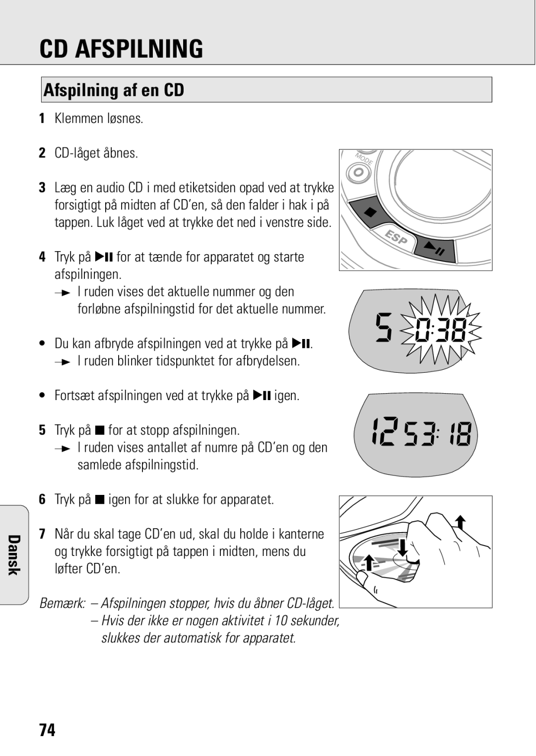 Philips ACT 7583 manual CD Afspilning, Afspilning af en CD, Tryk på 2 for at tænde for apparatet og starte afspilningen 