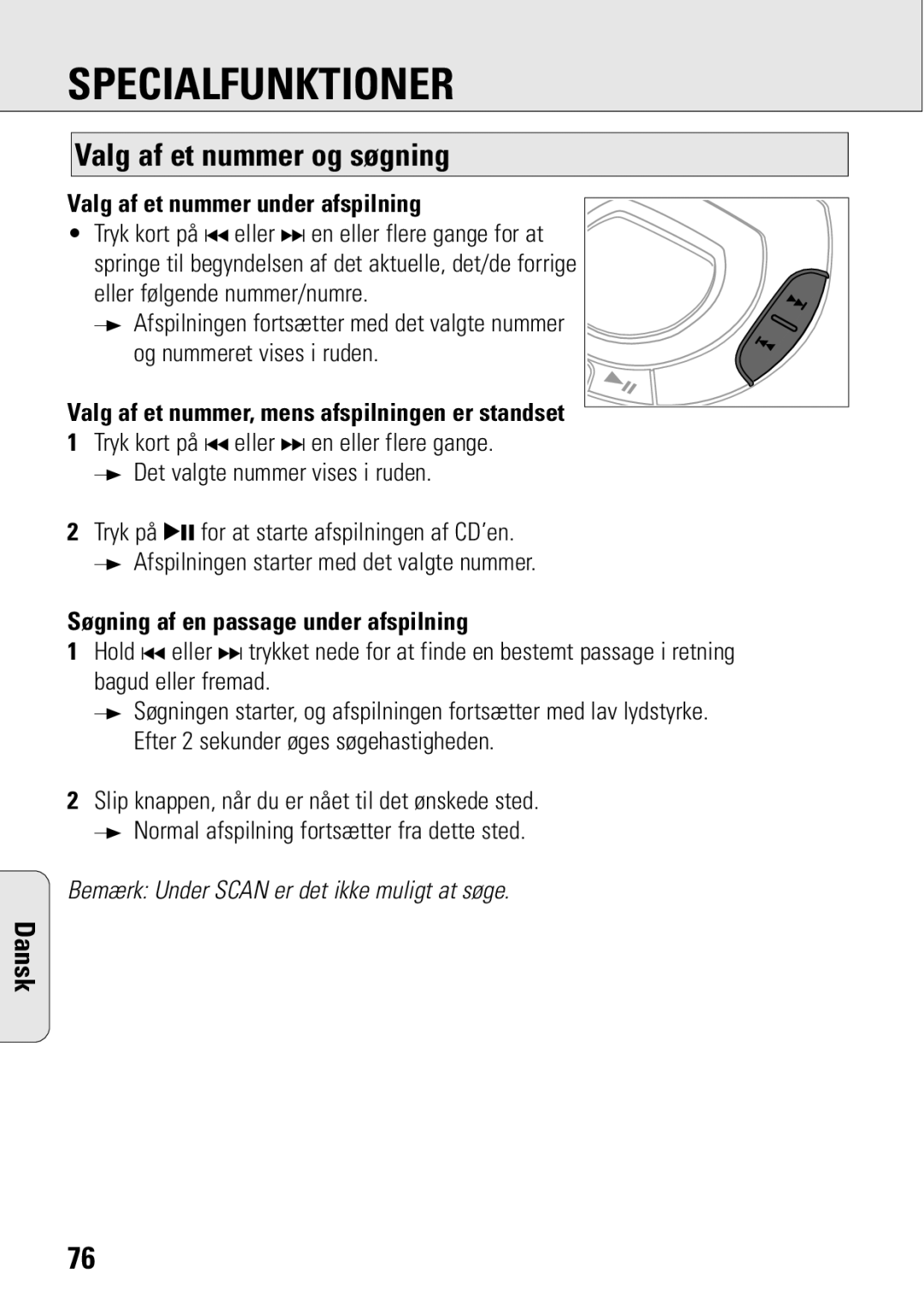 Philips ACT 7583 manual Specialfunktioner, Valg af et nummer og søgning, Valg af et nummer under afspilning 