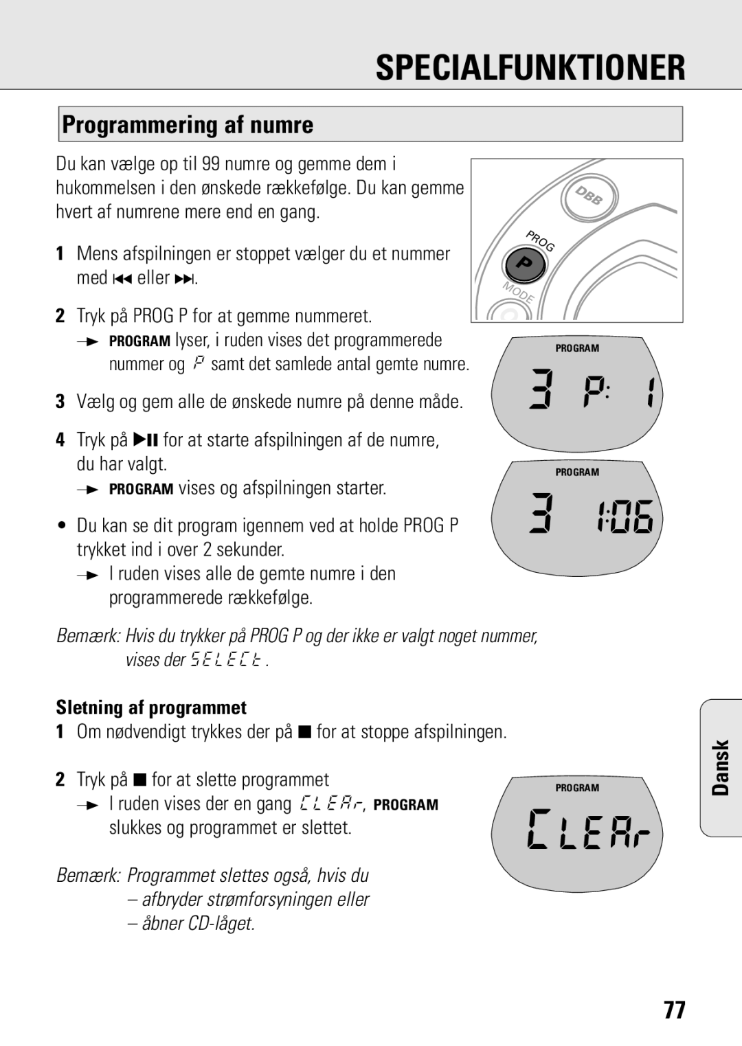 Philips ACT 7583 manual Specialfunktioner, Programmering af numre, Sletning af programmet 