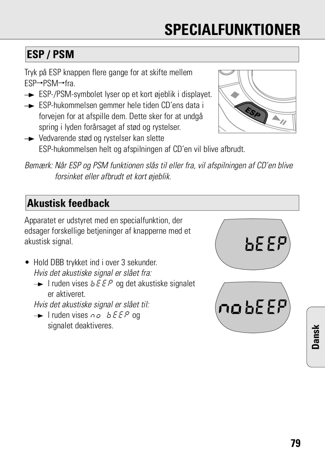 Philips ACT 7583 manual Akustisk feedback, Ruden vises bEEP og det akustiske signalet Er aktiveret 