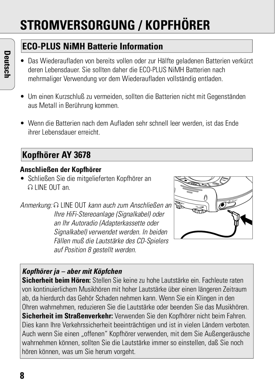 Philips ACT 7583 Stromversorgung / Kopfhörer, ECO-PLUS NiMH Batterie Information, Kopfhörer AY, Anschließen der Kopfhörer 