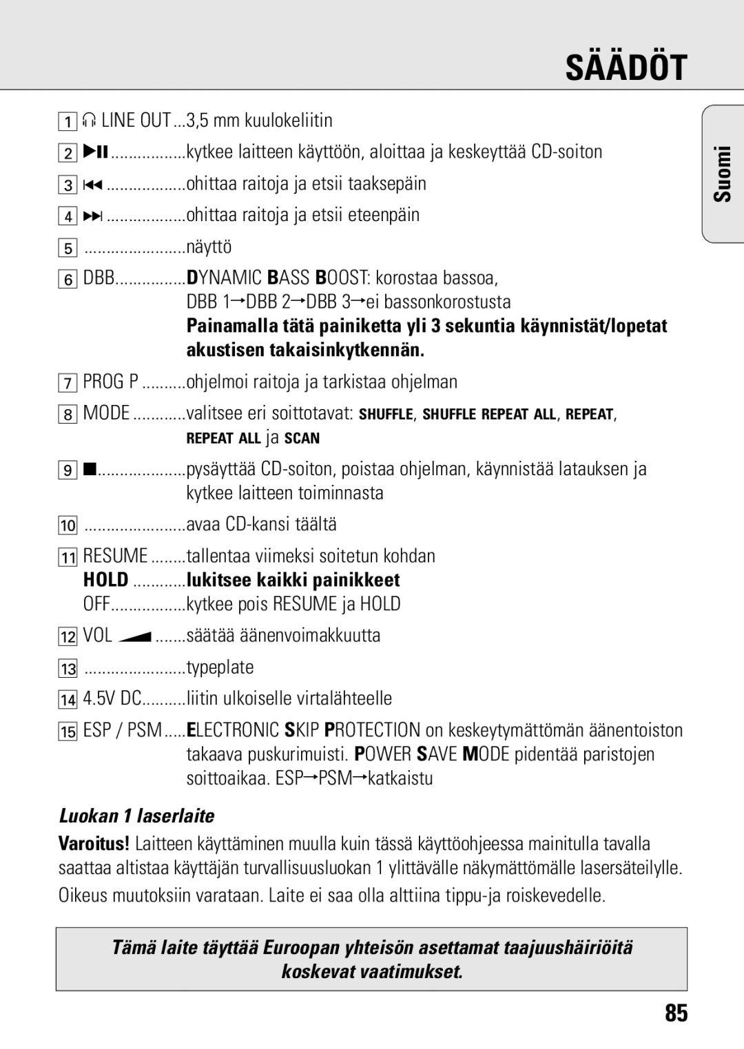 Philips ACT 7583 manual Akustisen takaisinkytkennän, Luokan 1 laserlaite, Koskevat vaatimukset 