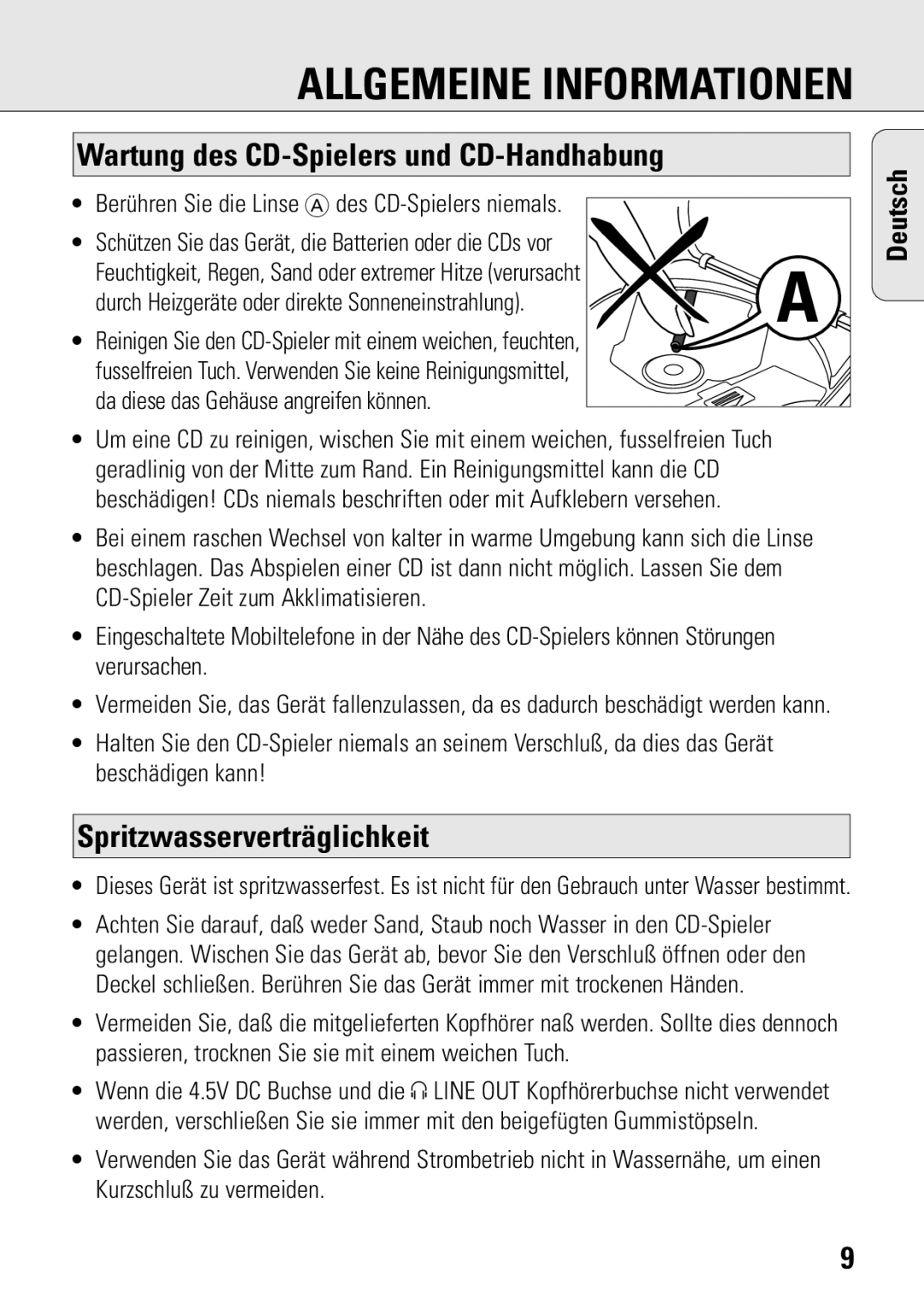 Philips ACT 7583 manual Wartung des CD-Spielers und CD-Handhabung, Spritzwasserverträglichkeit 