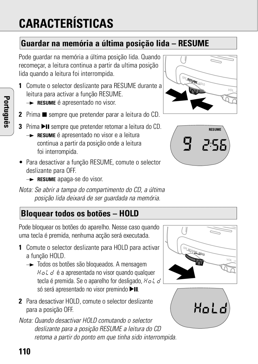 Philips ACT 7583 manual Guardar na memória a última posição lida Resume, Bloquear todos os botões Hold, 110 