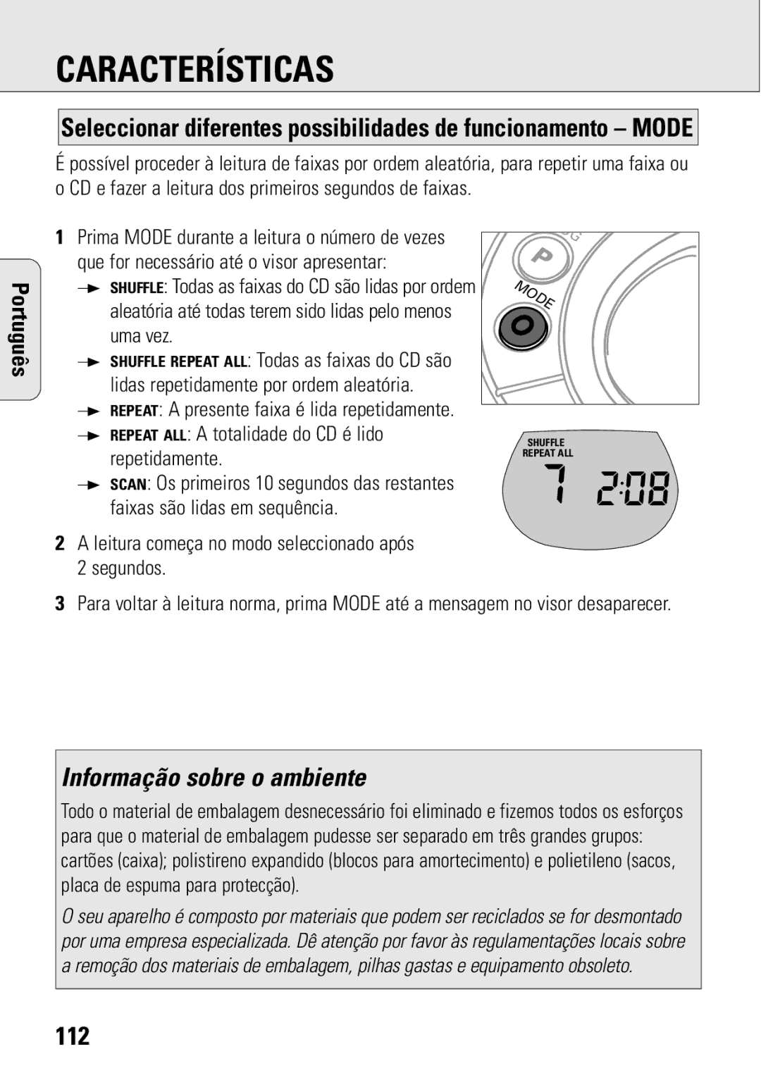 Philips ACT 7583 manual 112, Seleccionar diferentes possibilidades de funcionamento Mode 