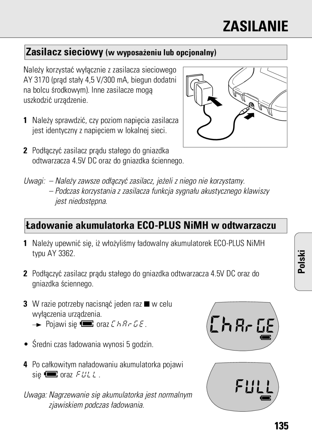 Philips ACT 7583 manual 135, Zasilacz sieciowy w wyposa¿eniu lub opcjonalny 