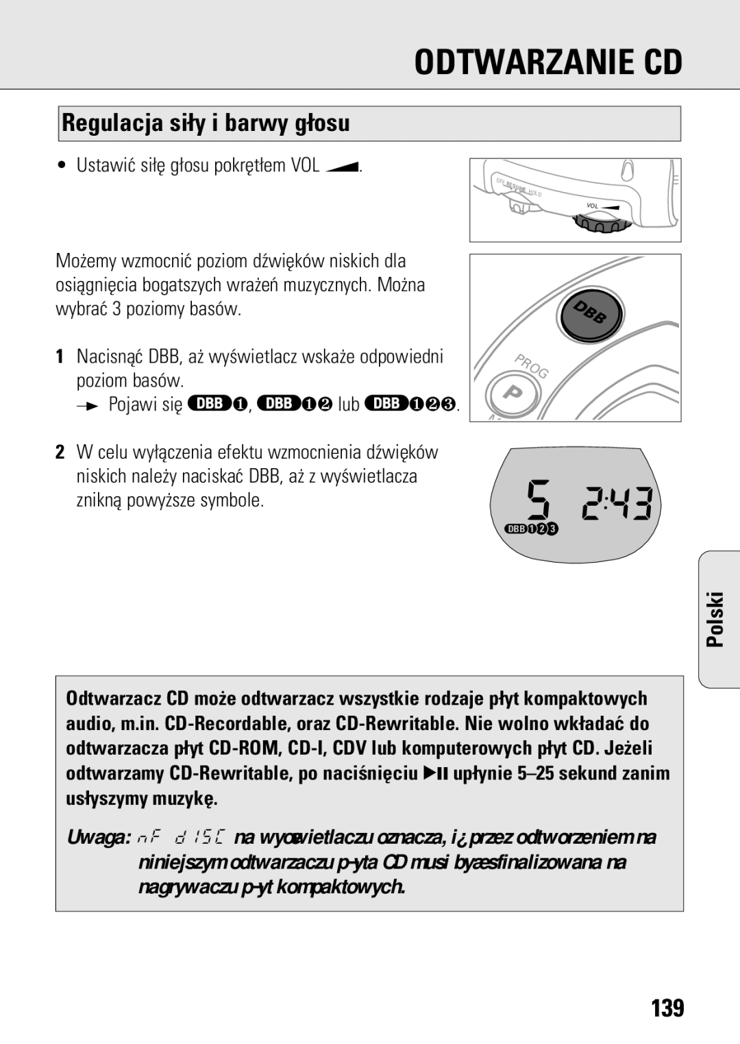 Philips ACT 7583 manual Regulacja si¬y i barwy g¬osu, 139, Ustawiæ si¬ê g¬osu pokrêt¬em VOL E 