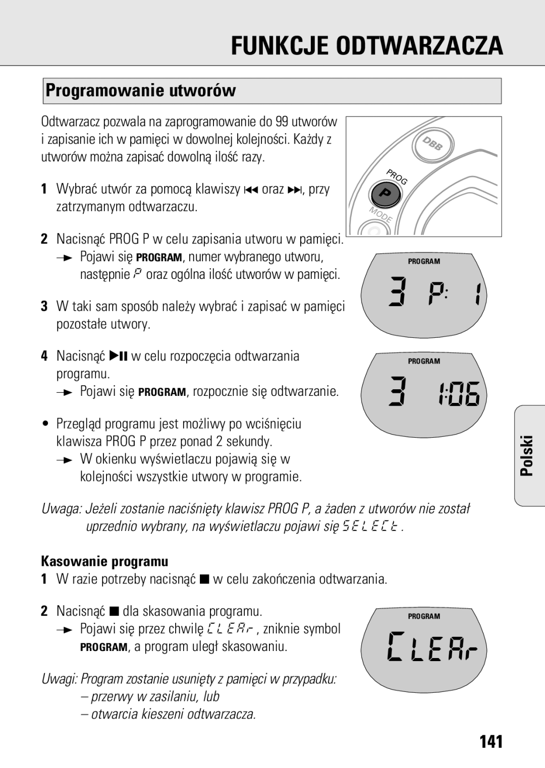 Philips ACT 7583 manual Programowanie utworów, 141, Kasowanie programu 