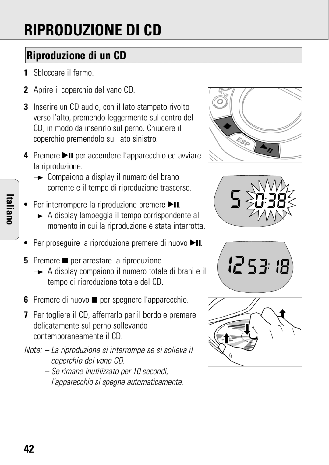 Philips ACT 7583 manual Riproduzione DI CD, Riproduzione di un CD, Per interrompere la riproduzione premere 