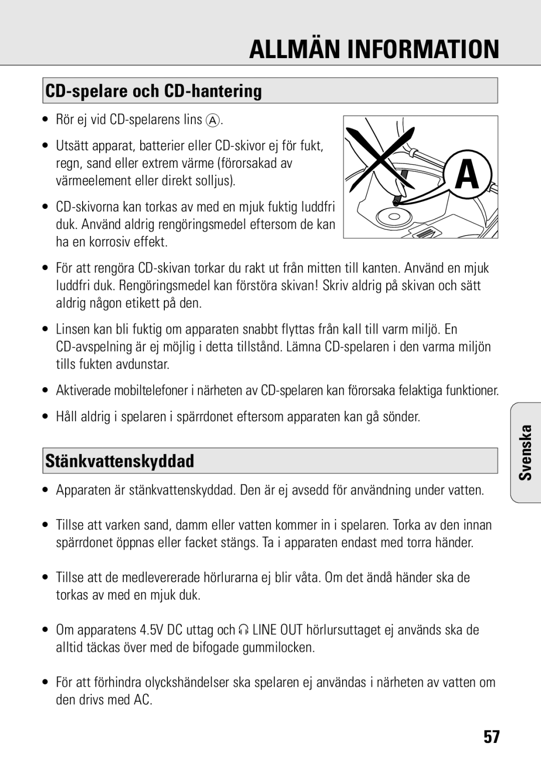 Philips ACT 7583 manual Allmän Information, CD-spelare och CD-hantering, Stänkvattenskyddad 