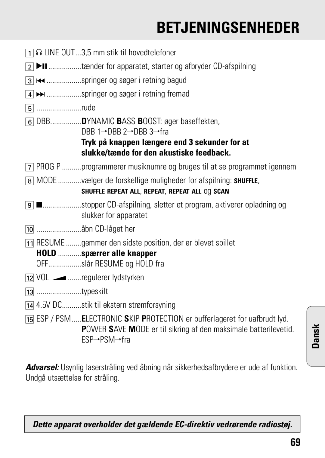 Philips ACT 7583 manual Betjeningsenheder, Spærrer alle knapper 