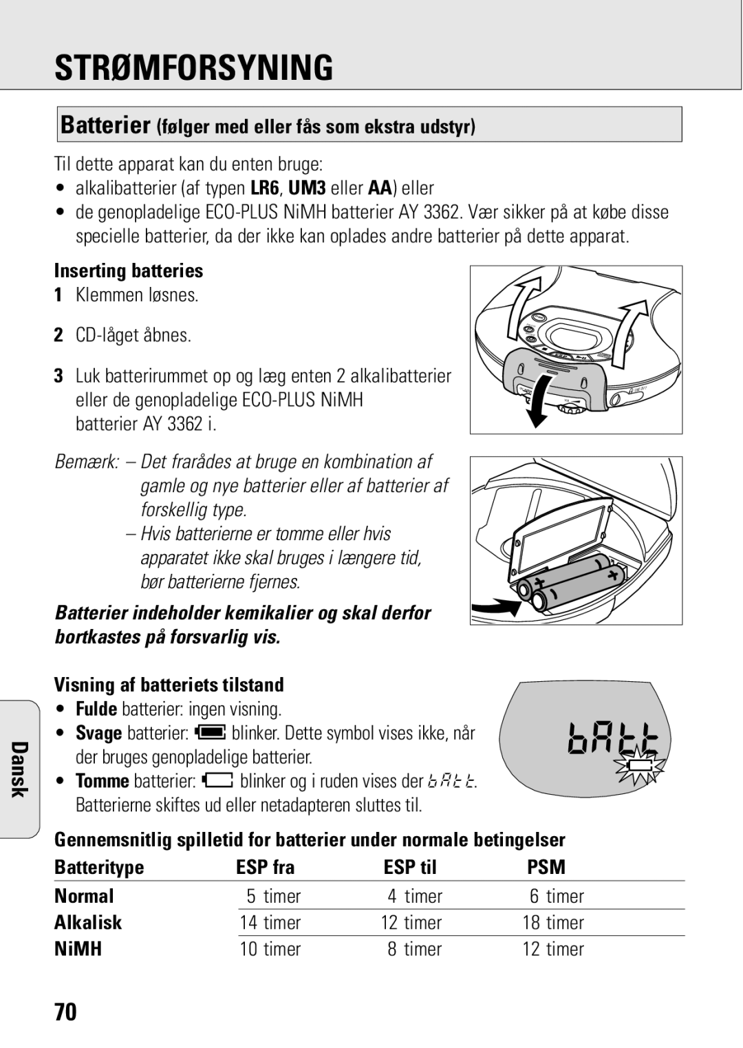 Philips ACT 7583 manual Strømforsyning, Batterier følger med eller fås som ekstra udstyr, Inserting batteries, Alkalisk 