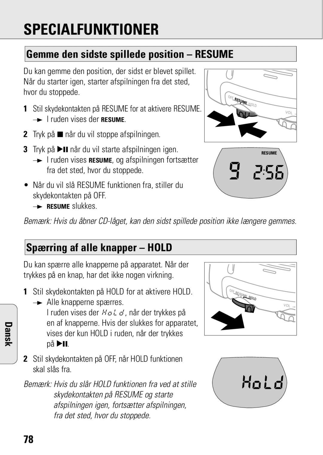 Philips ACT 7583 manual Gemme den sidste spillede position Resume, Spærring af alle knapper Hold 