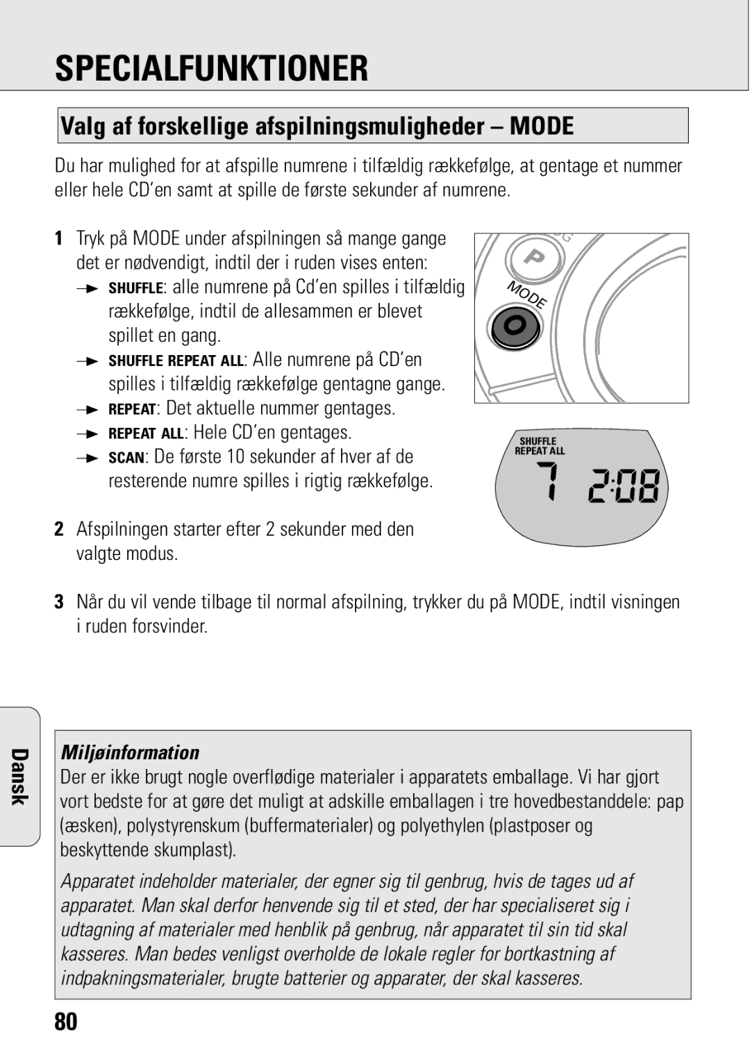 Philips ACT 7583 manual Valg af forskellige afspilningsmuligheder Mode, Miljøinformation 