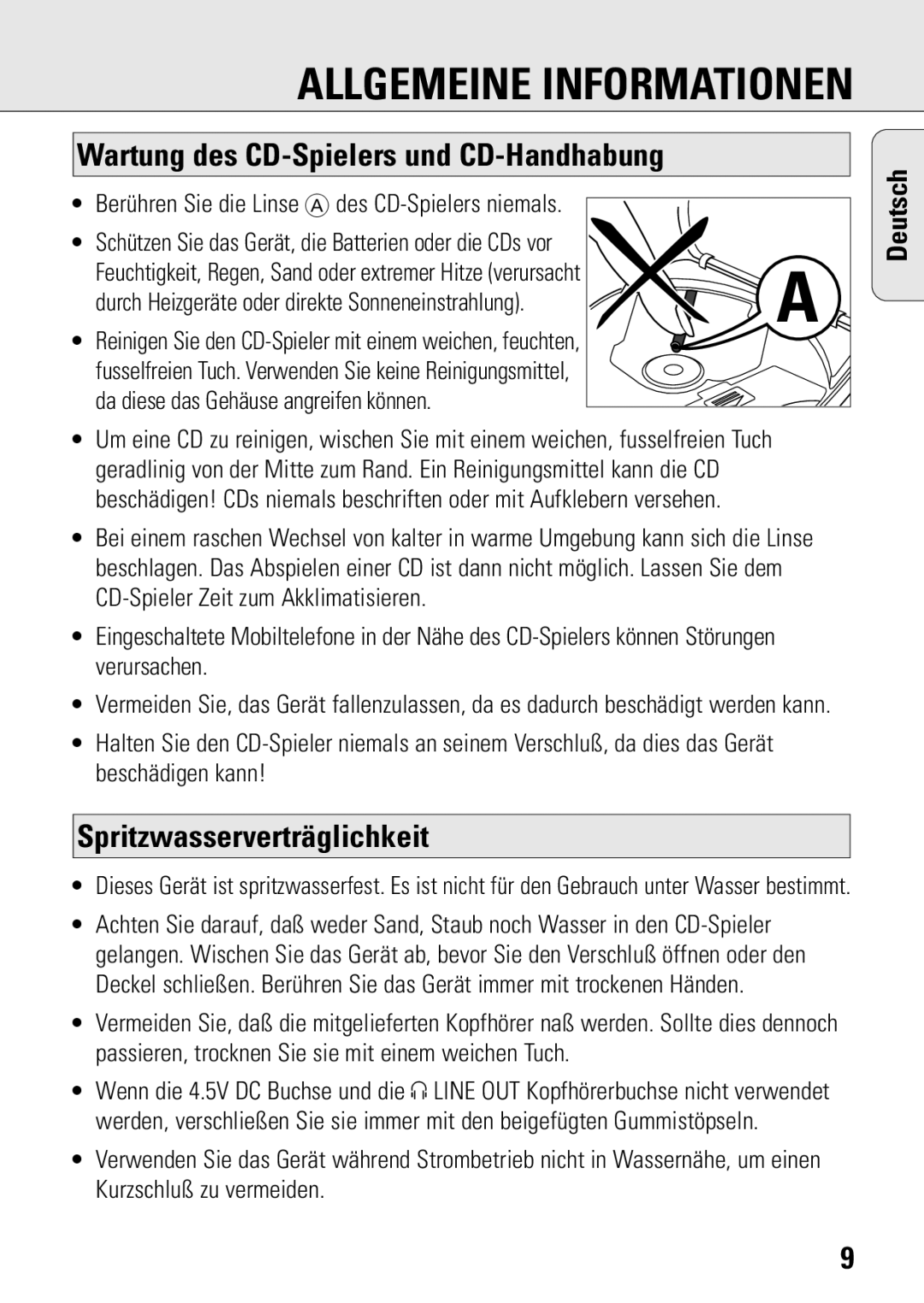 Philips ACT 7583 manual Wartung des CD-Spielers und CD-Handhabung, Spritzwasserverträglichkeit 