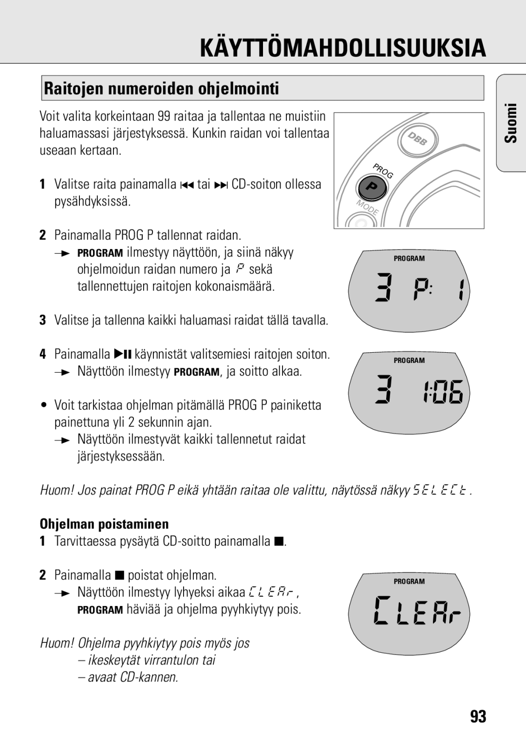 Philips ACT 7583 manual Raitojen numeroiden ohjelmointi, Ohjelman poistaminen 