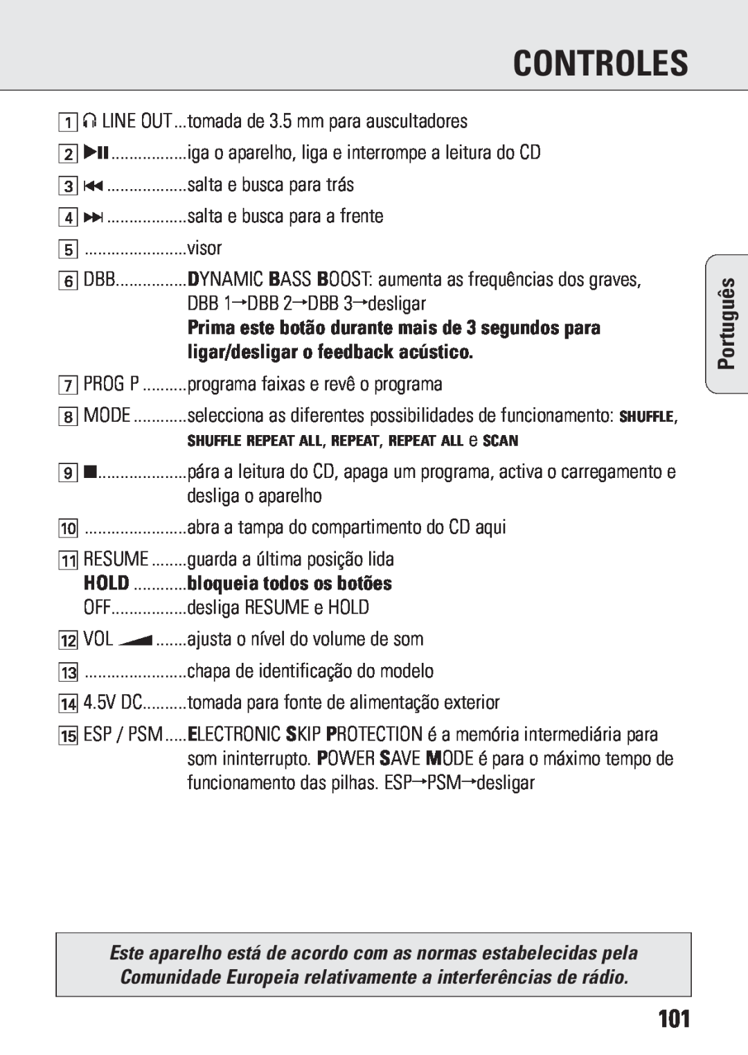 Philips ACT 7583 manual ligar/desligar o feedback acústico, Controles, Português 