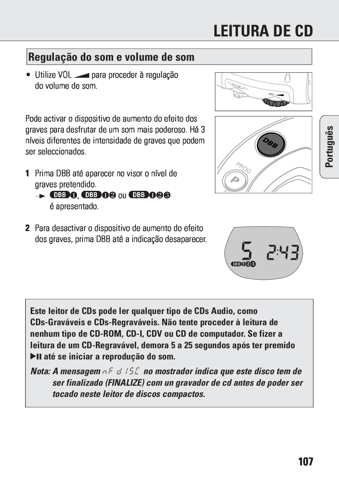 Philips ACT 7583 Regulação do som e volume de som, • Utilize VOL E para proceder à regulação, do volume de som, Português 