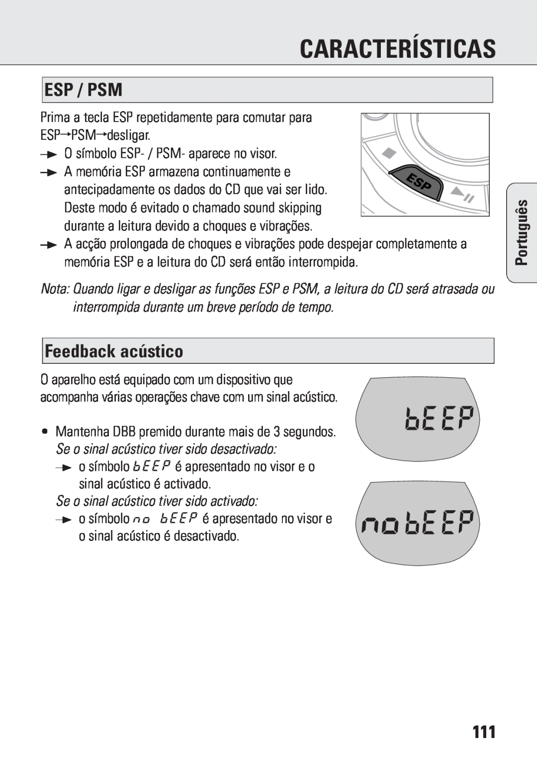 Philips ACT 7583 manual Feedback acústico, Se o sinal acústico tiver sido activado, Características, Esp / Psm, Português 
