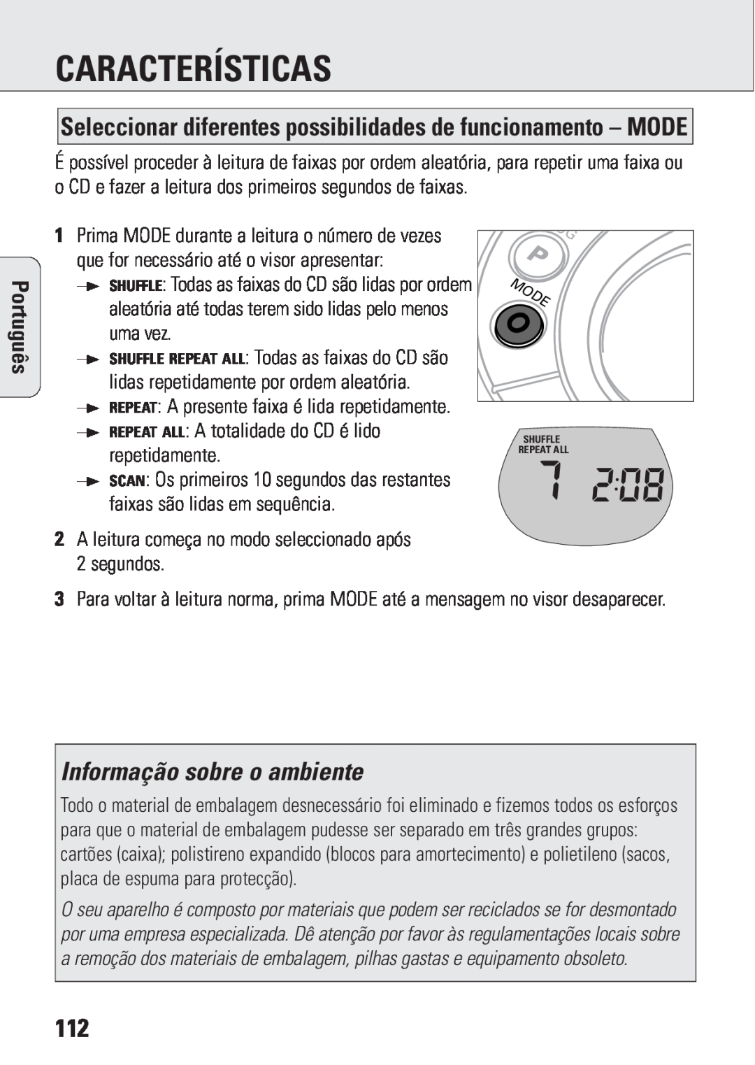 Philips ACT 7583 manual Informação sobre o ambiente, Características, Português 