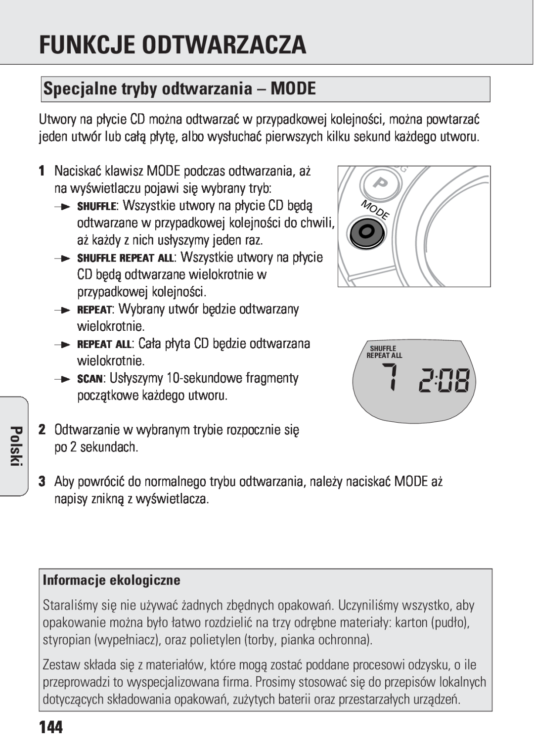 Philips ACT 7583 manual Specjalne tryby odtwarzania – MODE, Informacje ekologiczne, Funkcje Odtwarzacza, Polski 
