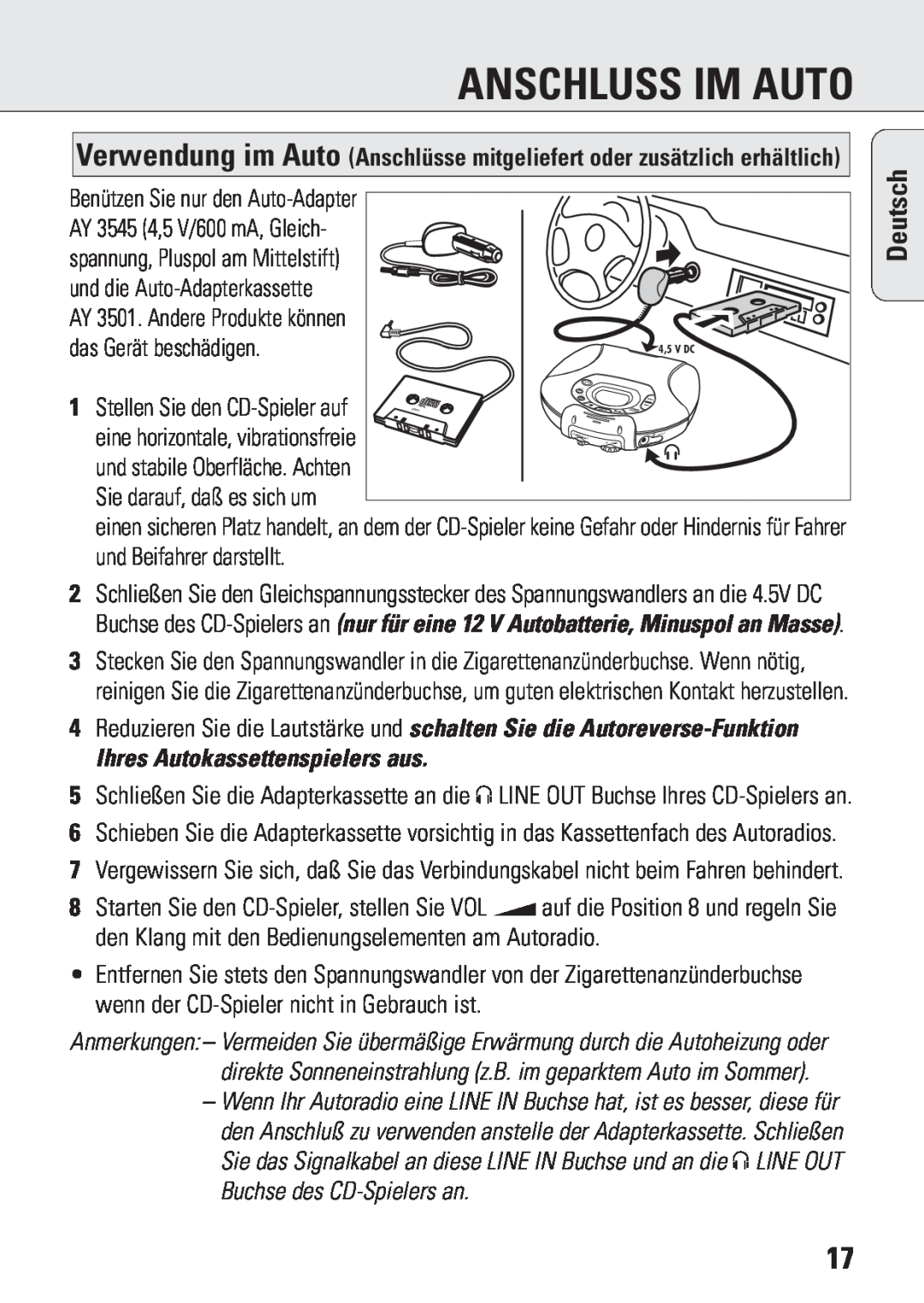 Philips ACT 7583 manual Anschluss Im Auto, Ihres Autokassettenspielers aus, Deutsch 
