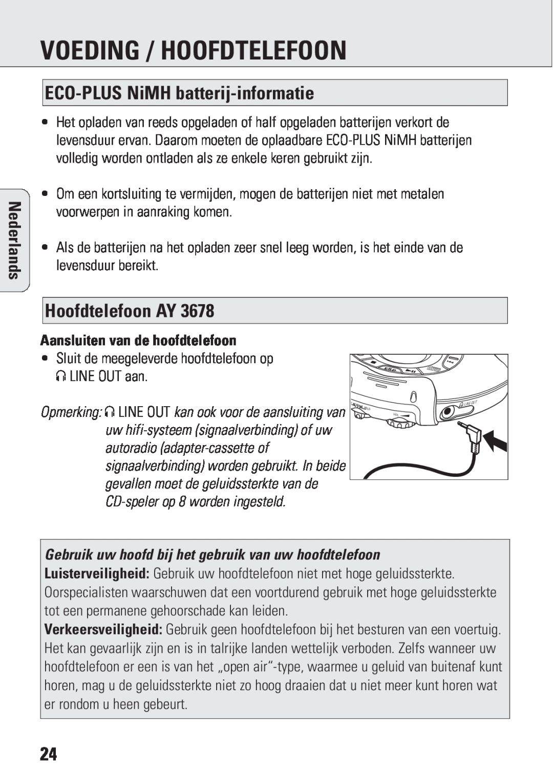 Philips ACT 7583 manual Voeding / Hoofdtelefoon, ECO-PLUSNiMH batterij-informatie, Hoofdtelefoon AY, Nederlands 
