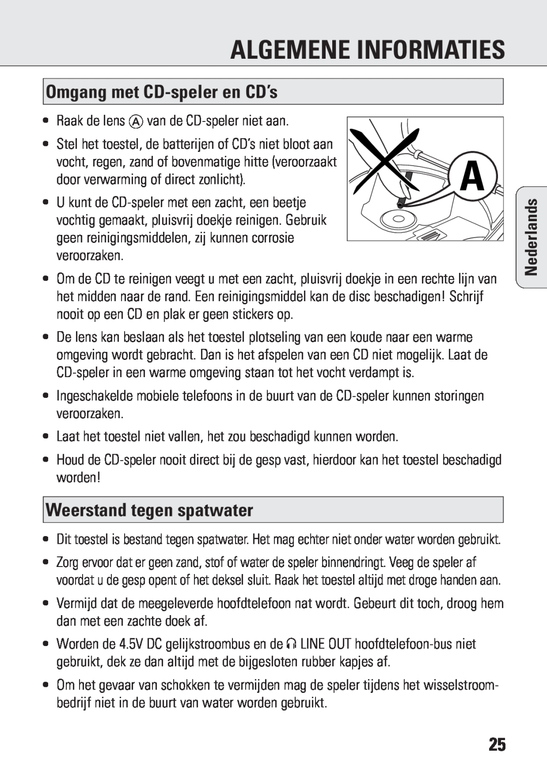 Philips ACT 7583 manual Algemene Informaties, Omgang met CD-speleren CD’s, Weerstand tegen spatwater, Nederlands 