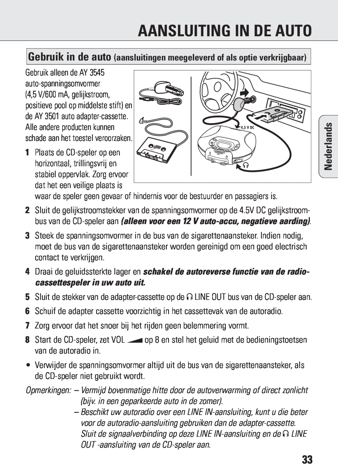 Philips ACT 7583 manual Aansluiting In De Auto, Nederlands 