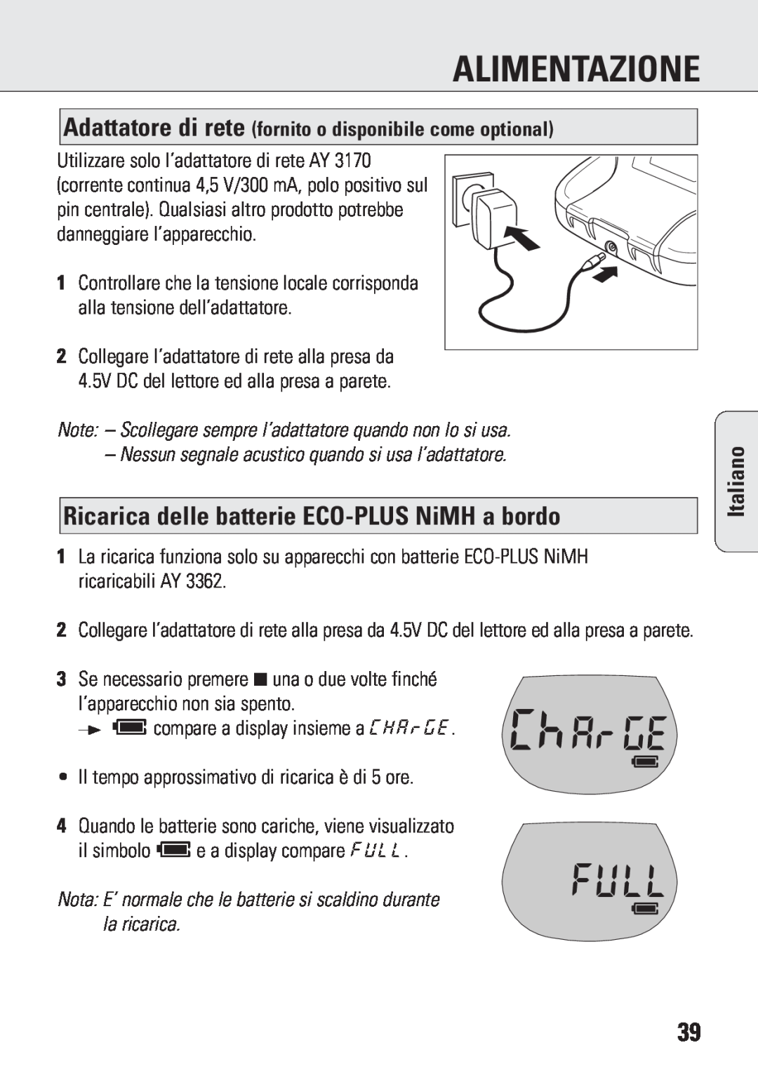 Philips ACT 7583 manual Ricarica delle batterie ECO-PLUSNiMH a bordo, Alimentazione, Italiano 