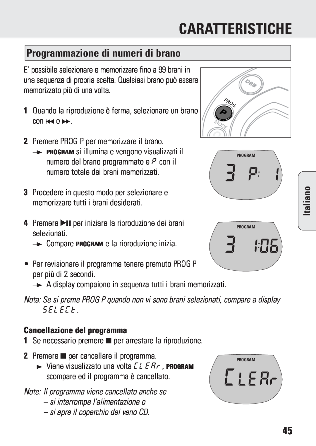 Philips ACT 7583 manual Caratteristiche, Programmazione di numeri di brano, Cancellazione del programma, Italiano 