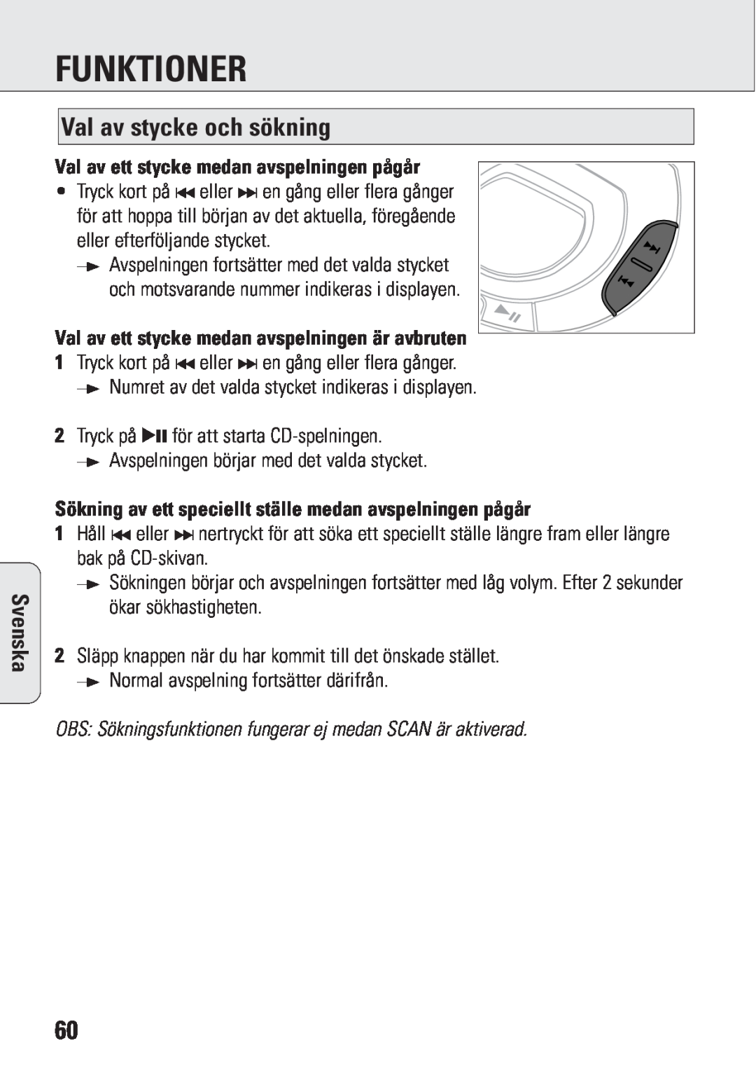 Philips ACT 7583 manual Funktioner, Val av stycke och sökning, Val av ett stycke medan avspelningen pågår, Svenska 