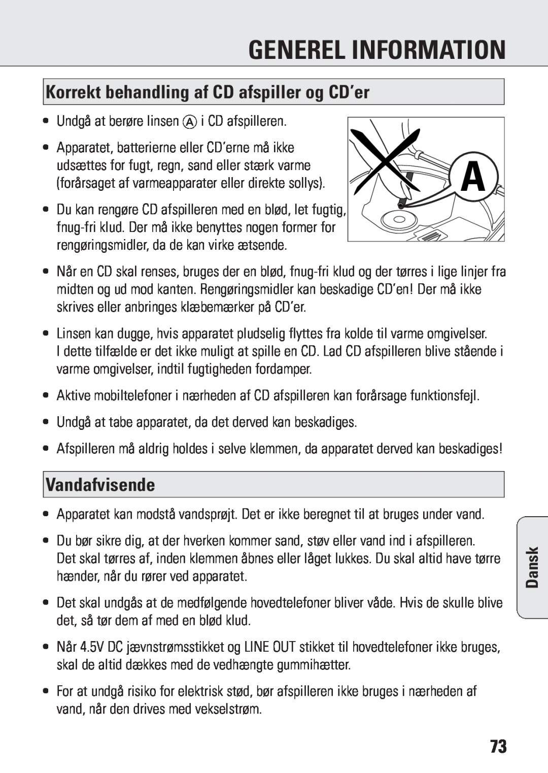 Philips ACT 7583 manual Generel Information, Korrekt behandling af CD afspiller og CD’er, Vandafvisende, Dansk 
