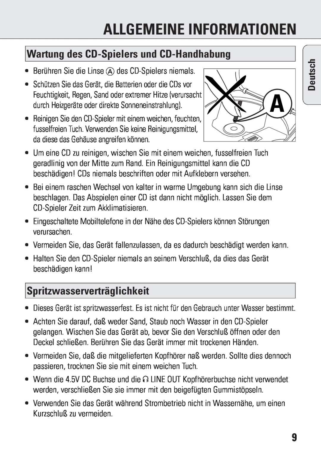 Philips ACT 7583 Allgemeine Informationen, Wartung des CD-Spielersund CD-Handhabung, Spritzwasserverträglichkeit, Deutsch 