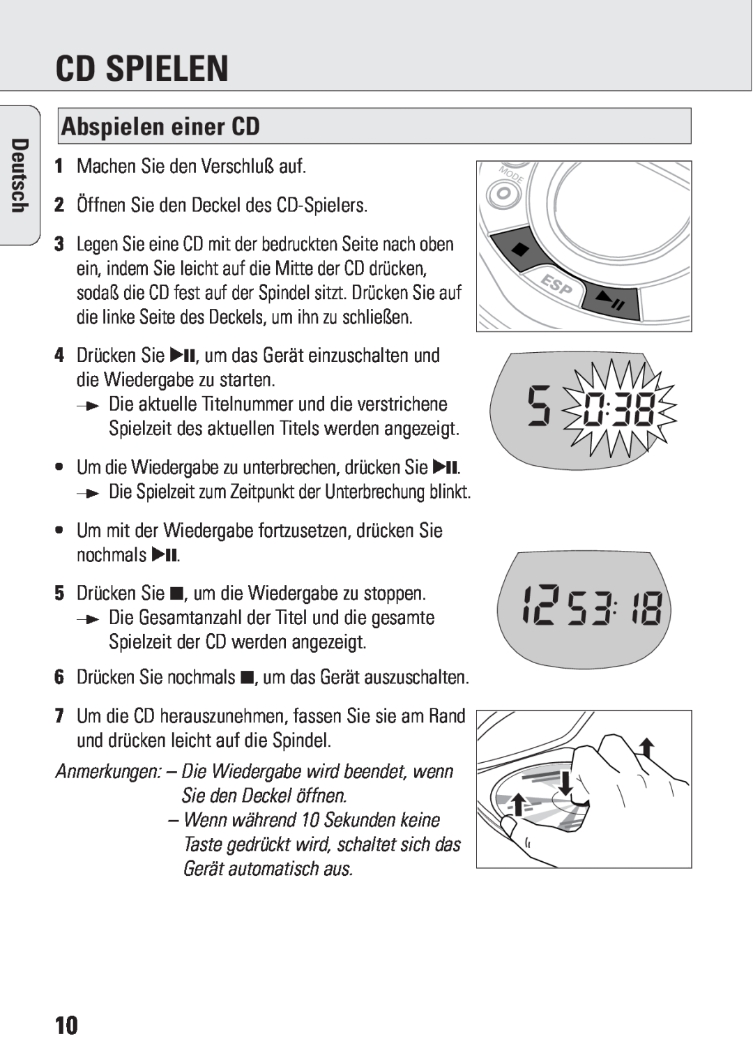 Philips ACT 7583 manual Cd Spielen, Abspielen einer CD, Deutsch 