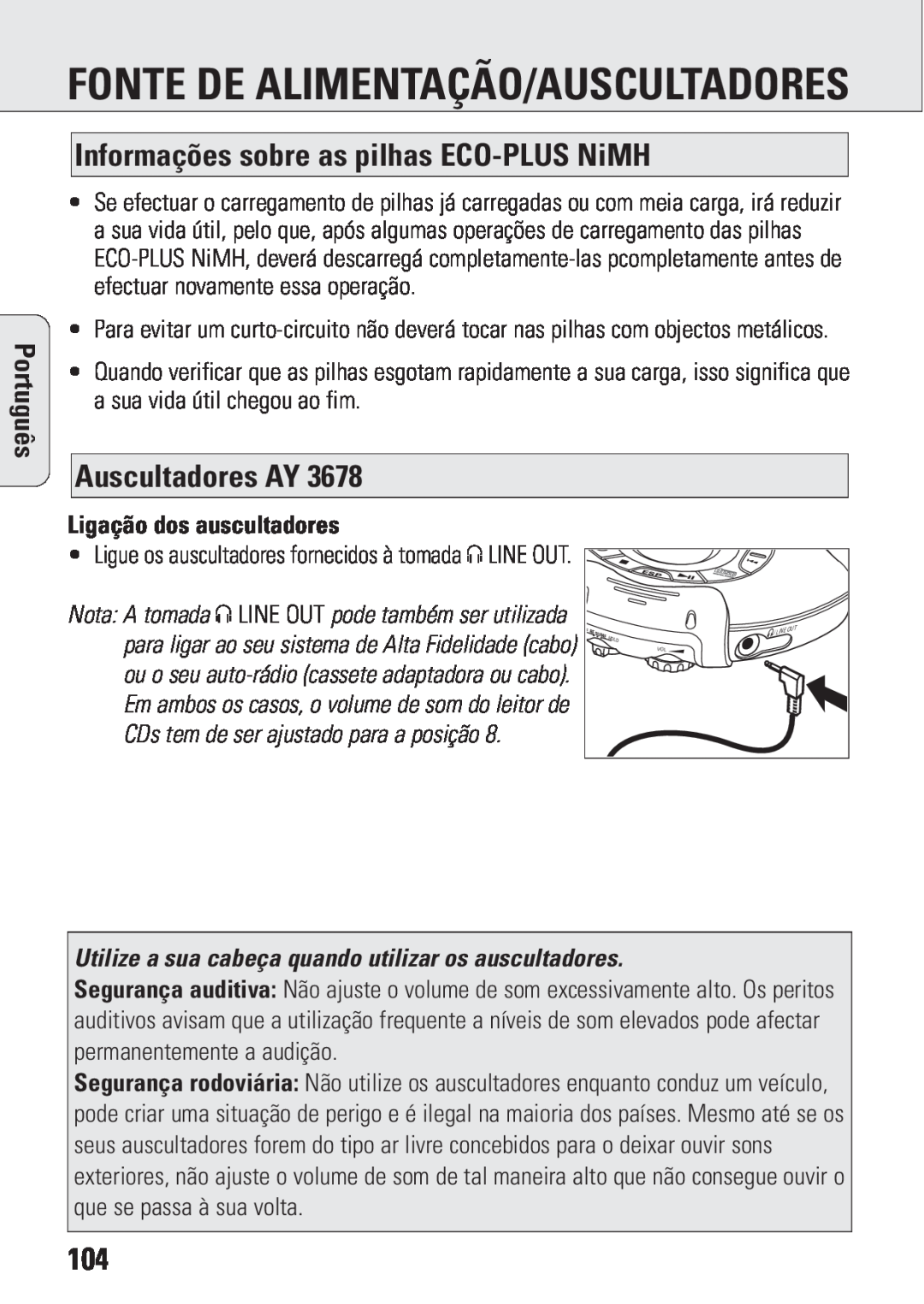 Philips ACT 7583 Fonte De Alimentação/Auscultadores, Informações sobre as pilhas ECO-PLUSNiMH, Auscultadores AY, Português 