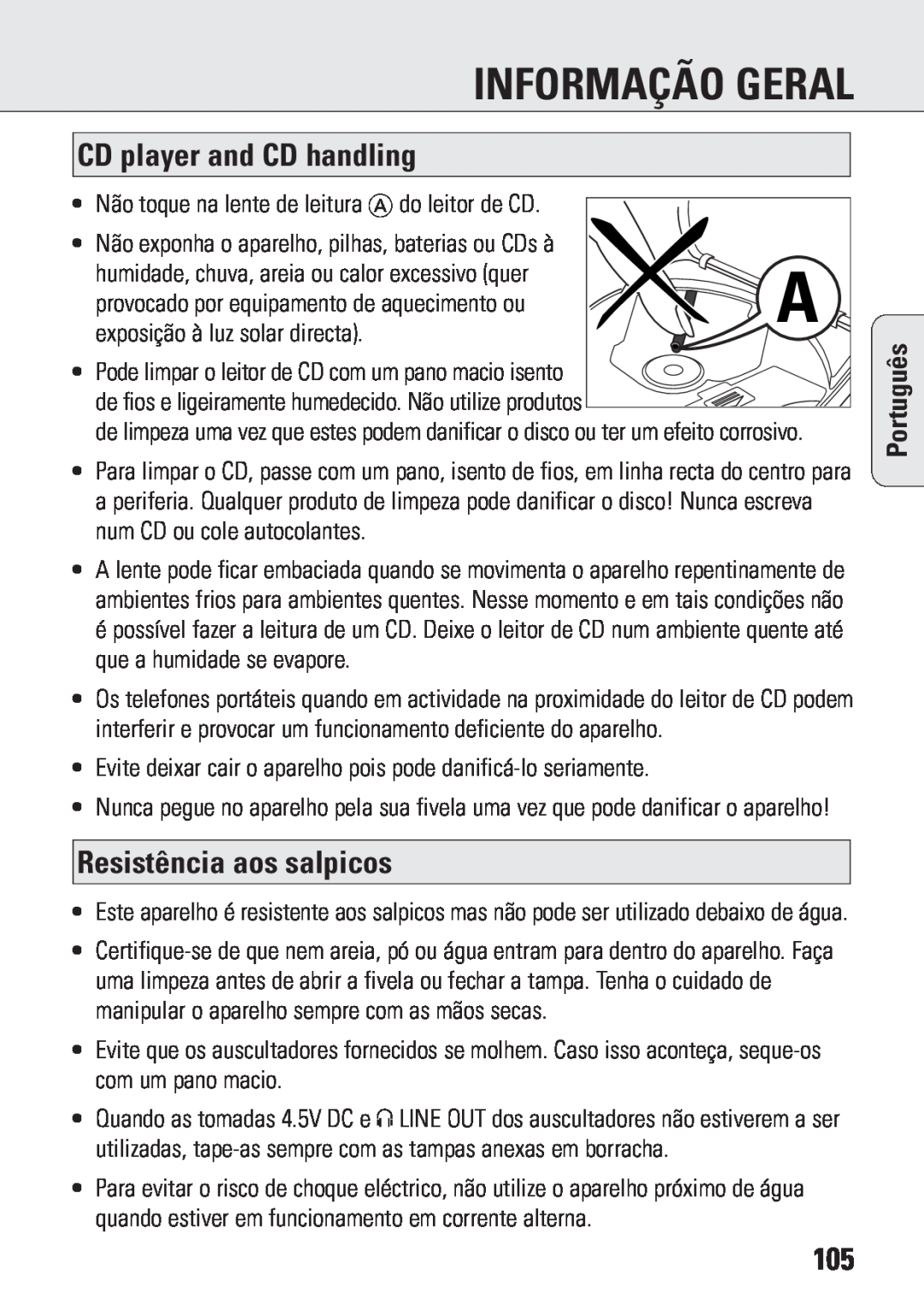 Philips ACT 7583 manual Informação Geral, CD player and CD handling, Resistência aos salpicos, Português 