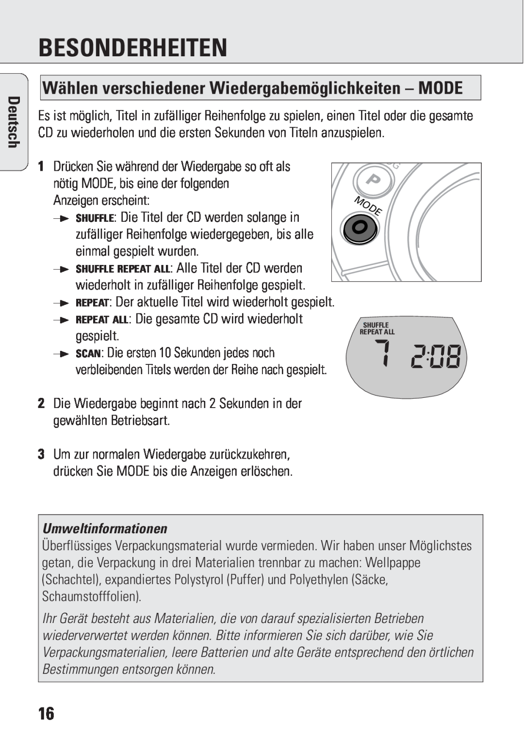 Philips ACT 7583 manual Umweltinformationen, Besonderheiten, Deutsch 