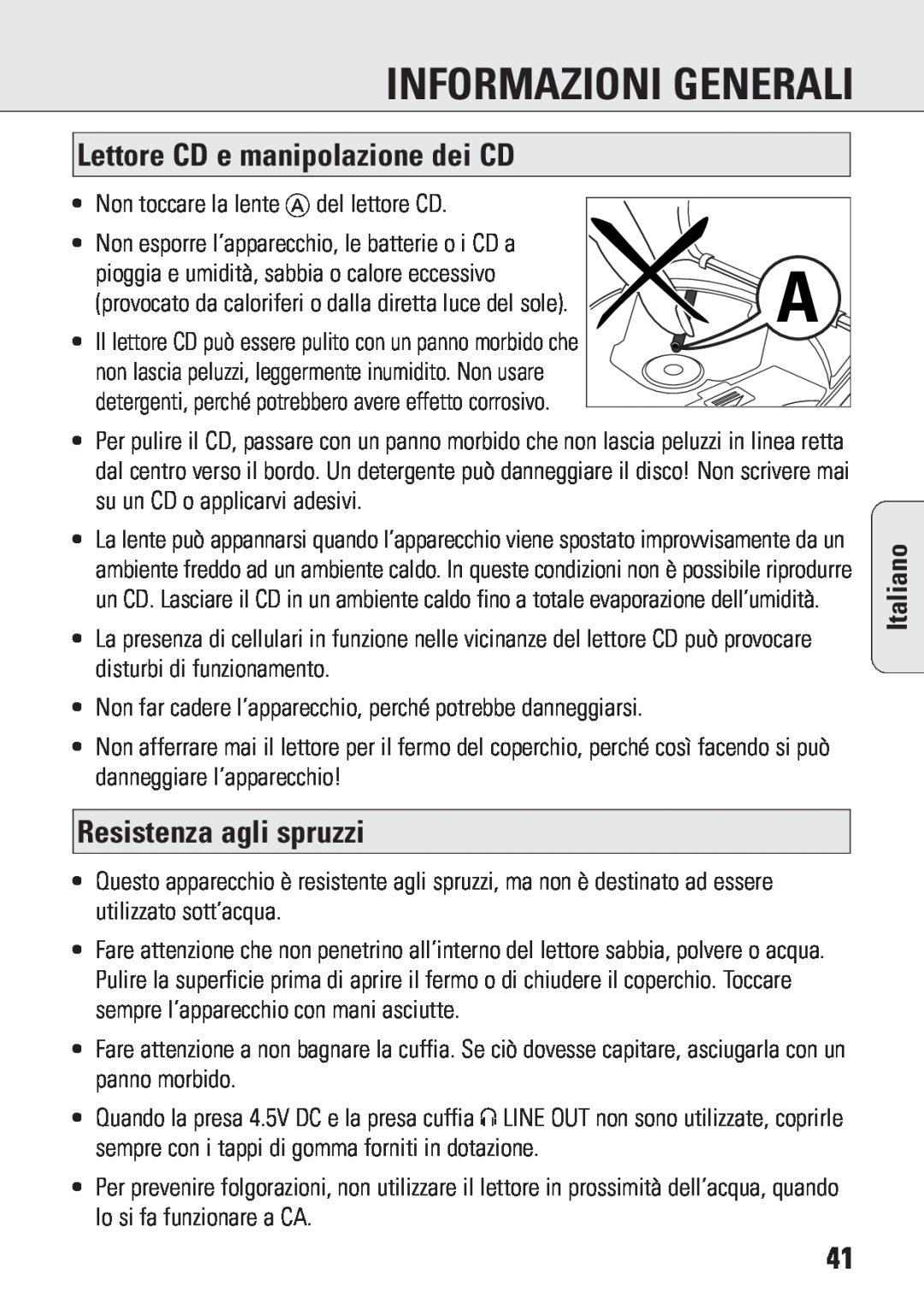 Philips ACT 7583 manual Informazioni Generali, Lettore CD e manipolazione dei CD, Resistenza agli spruzzi, Italiano 