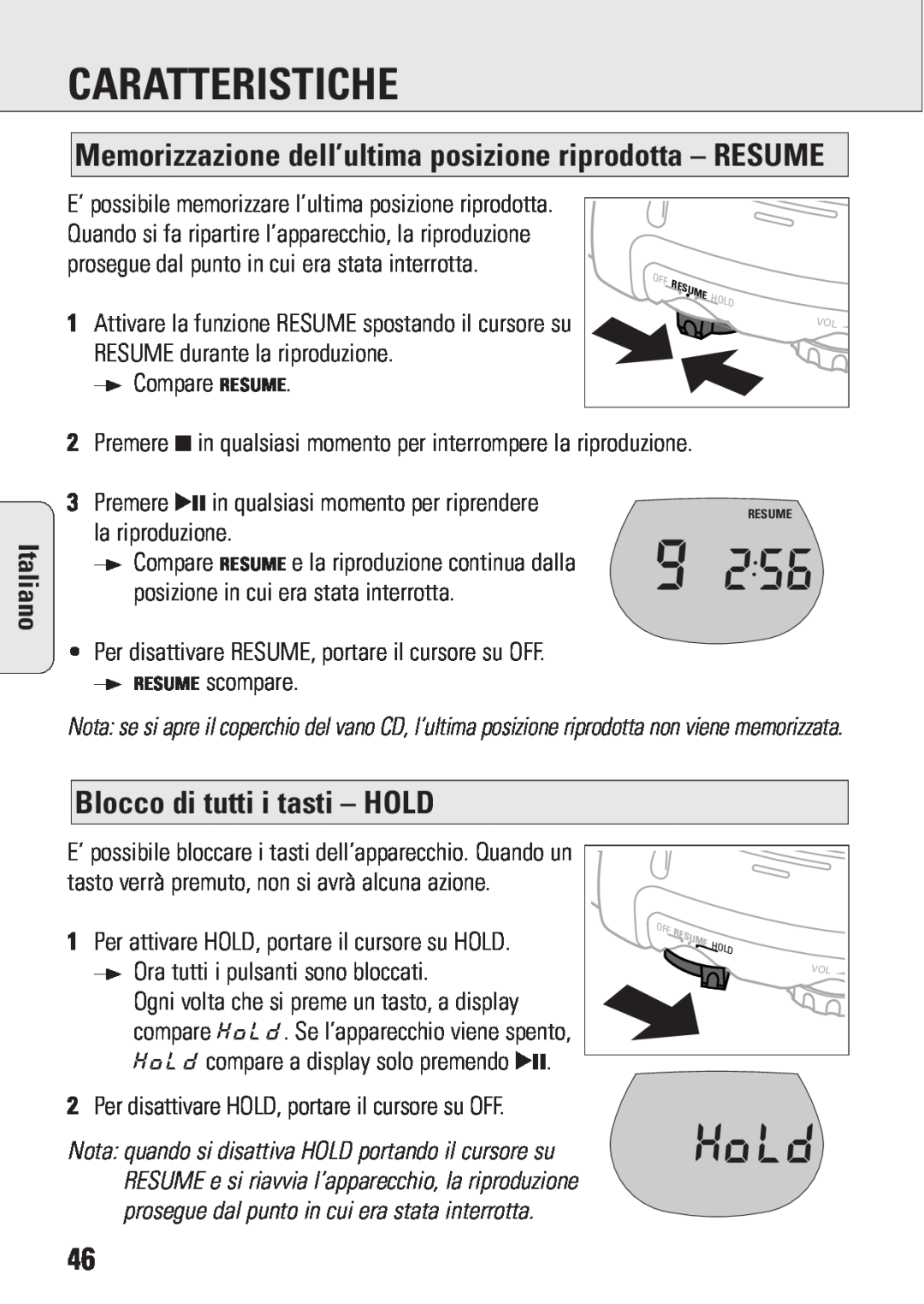 Philips ACT 7583 manual Blocco di tutti i tasti – HOLD, Caratteristiche, Italiano 