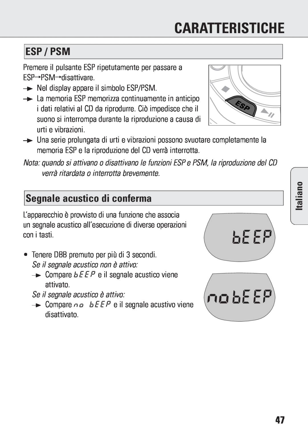 Philips ACT 7583 manual Segnale acustico di conferma, Se il segnale acustico è attivo, Caratteristiche, Esp / Psm, Italiano 