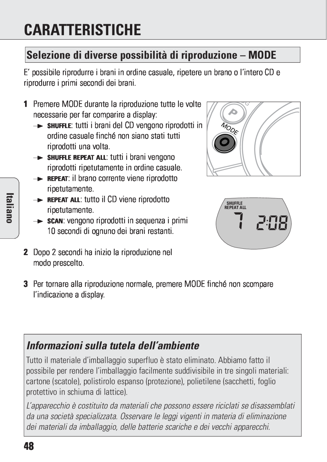 Philips ACT 7583 manual Informazioni sulla tutela dell’ambiente, Caratteristiche, Italiano 