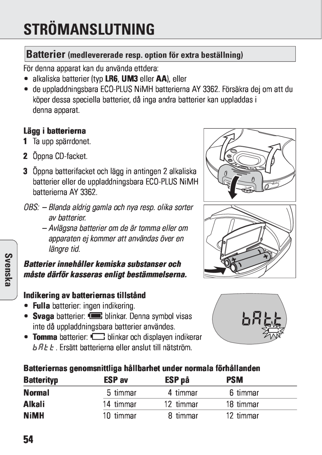 Philips ACT 7583 Strömanslutning, Lägg i batterierna, Indikering av batteriernas tillstånd, Batterityp, ESP av, ESP på 
