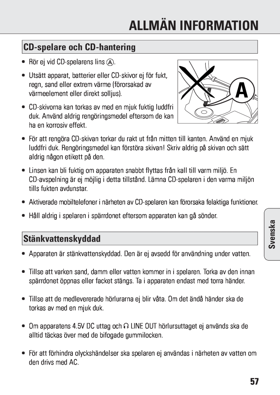 Philips ACT 7583 manual Allmän Information, CD-spelareoch CD-hantering, Stänkvattenskyddad, Svenska 