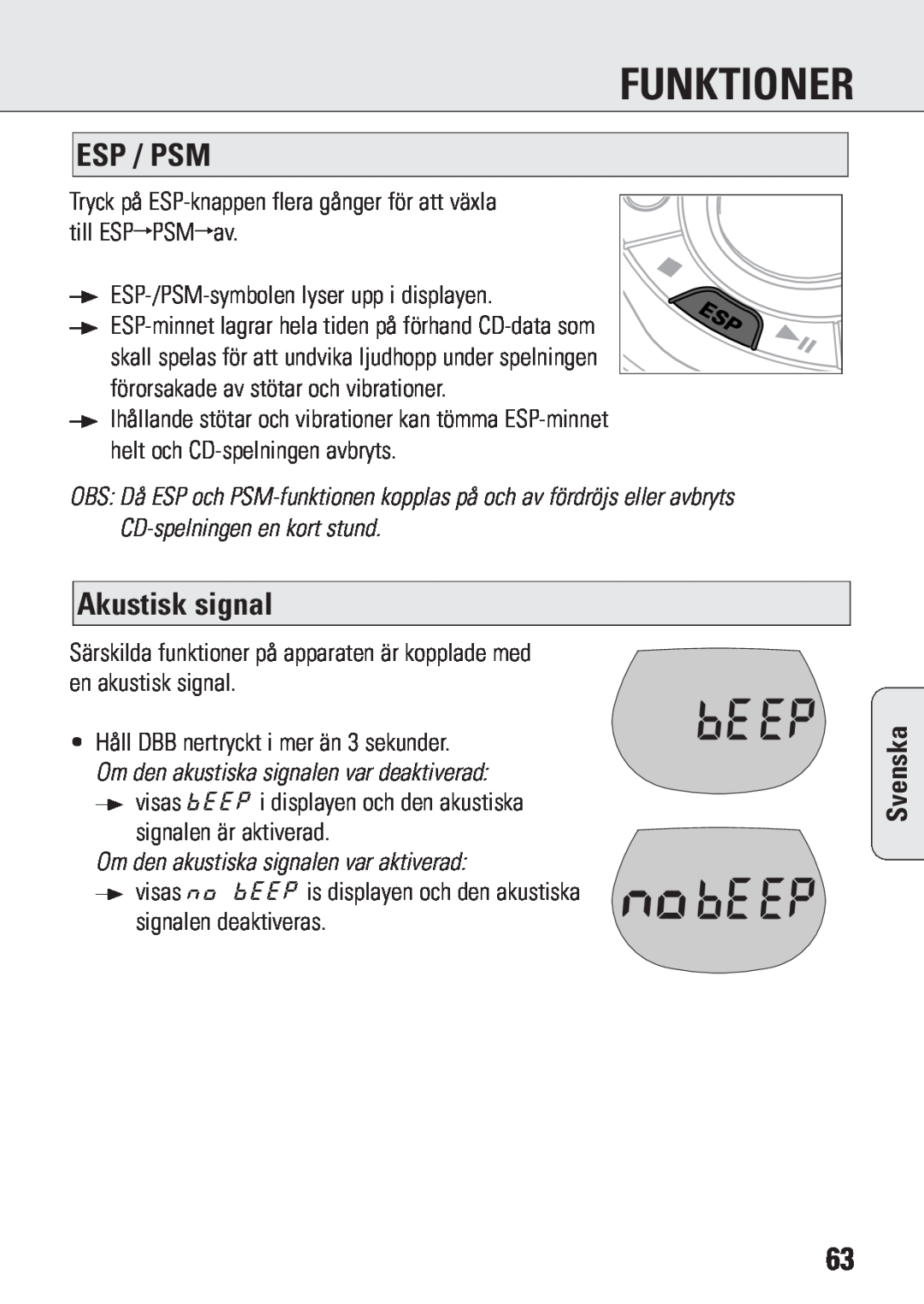 Philips ACT 7583 manual Akustisk signal, Om den akustiska signalen var aktiverad, Funktioner, Esp / Psm, Svenska 