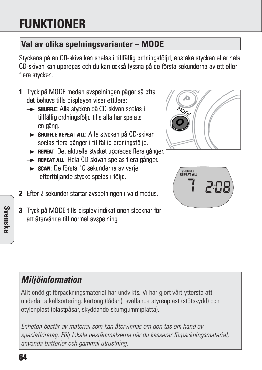 Philips ACT 7583 manual Val av olika spelningsvarianter – MODE, Miljöinformation, Funktioner, Svenska 