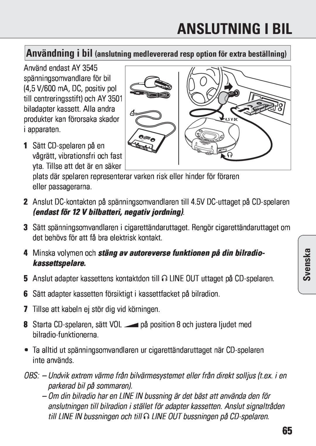 Philips ACT 7583 manual Anslutning I Bil, Svenska 