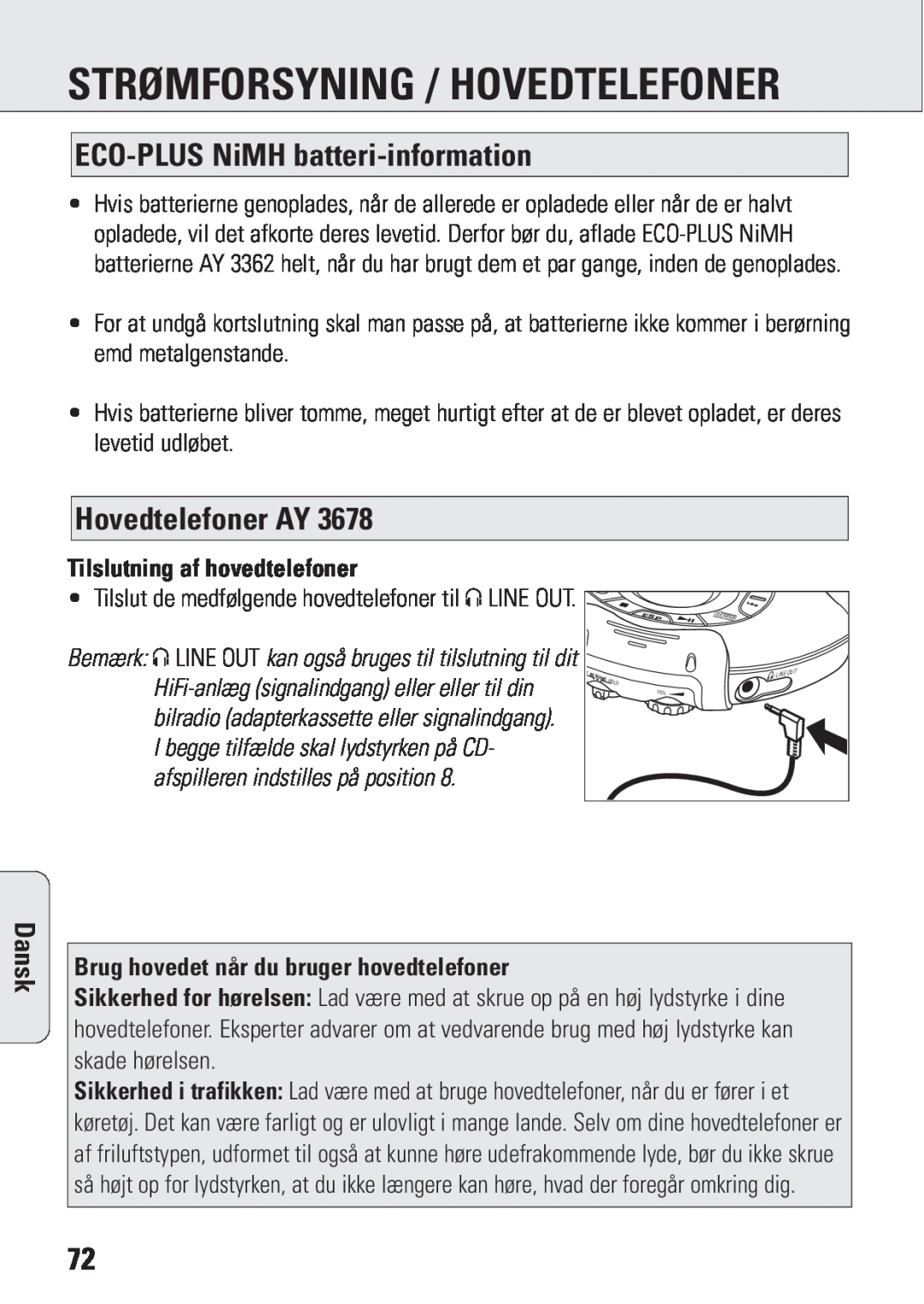 Philips ACT 7583 manual Strømforsyning / Hovedtelefoner, ECO-PLUSNiMH batteri-information, Hovedtelefoner AY, Dansk 