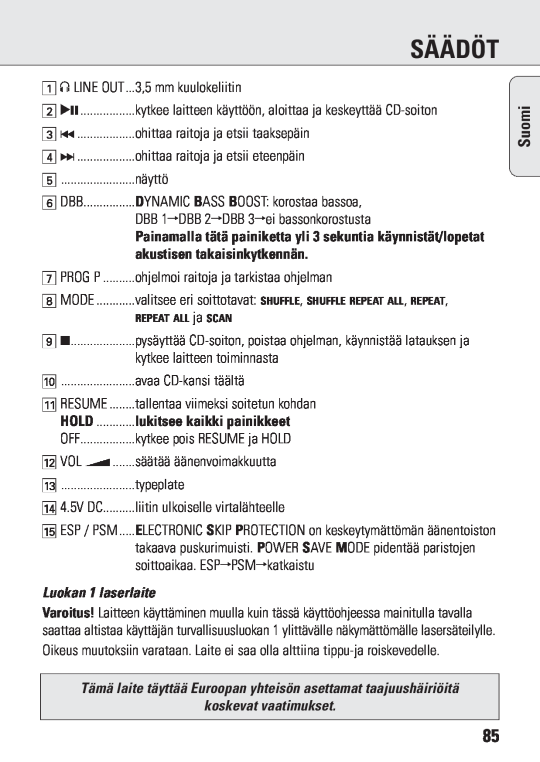 Philips ACT 7583 manual akustisen takaisinkytkennän, Luokan 1 laserlaite, koskevat vaatimukset, Säädöt, Suomi 