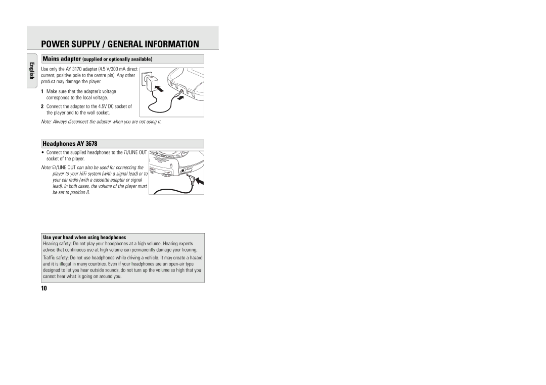 Philips ACT 7585 manual Power Supply / General Information, Headphones AY, Mains adapter supplied or optionally available 